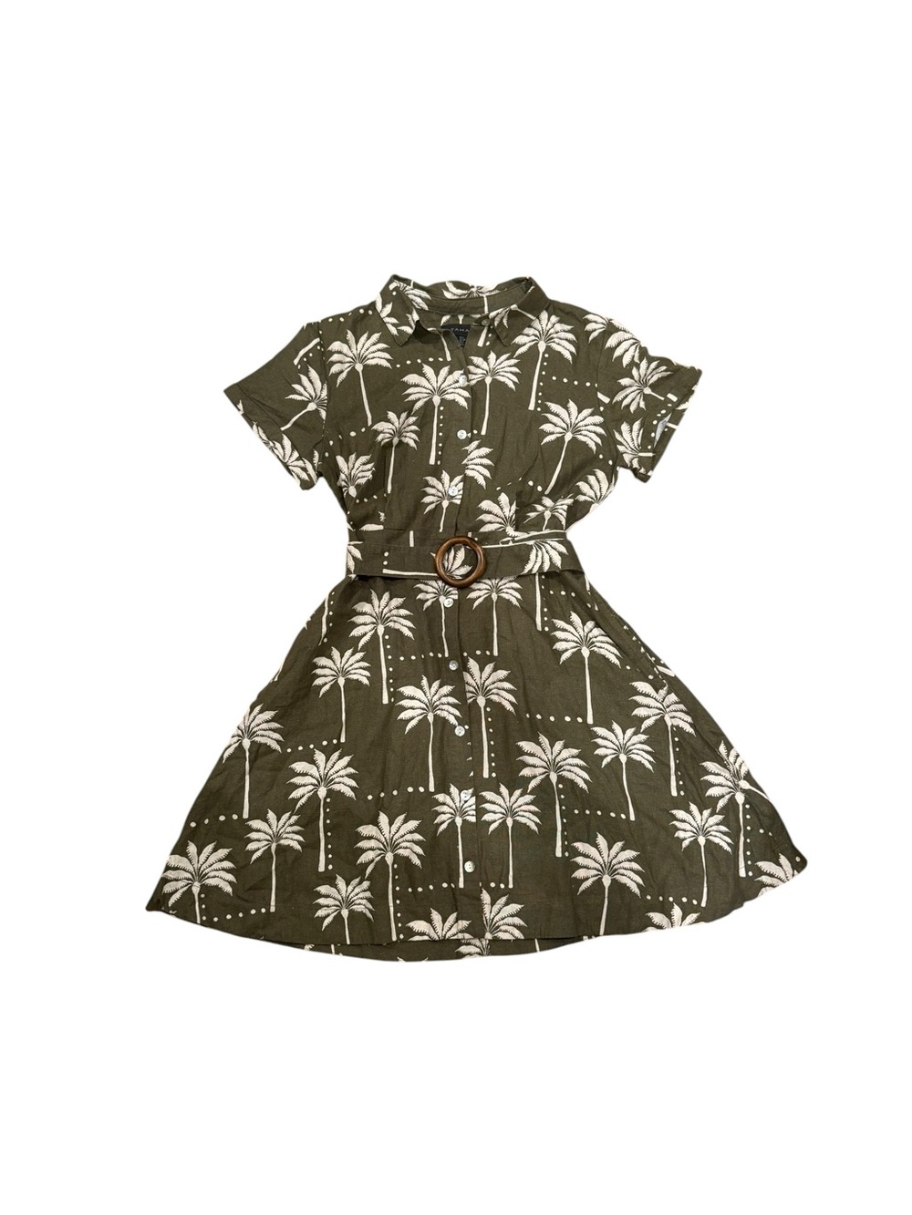 NWT Tahari Linen Olive Green Palm-Print Shirt Dress with Belt and Wooden Buckle